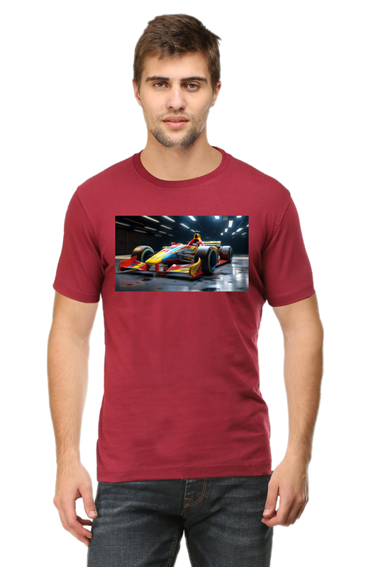 Multicolor Formula Car Graphic Round Neck Short Sleeve T-Shirt J-1