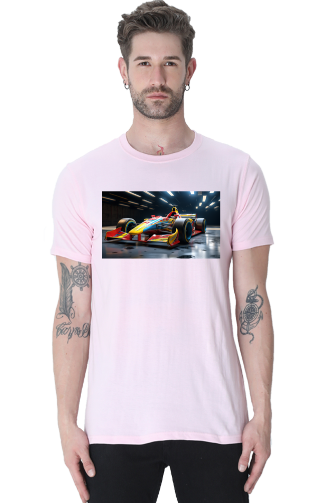 Multicolor Formula Car Graphic Round Neck Short Sleeve T-Shirt J-1